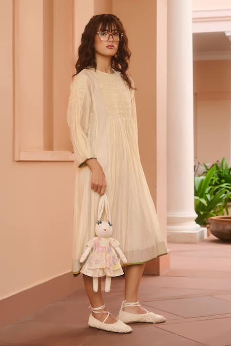 Swatti Kapoor Ivory Chanderi, Cotton Sequins Round Neck Pintuck Panel Midi Dress Online at Aza Fashions Swatti Kapoor_Ivory Chanderi, Cotton Sequins Round Neck Pintuck Panel Midi Dress _Online_at_Aza_Fashions
