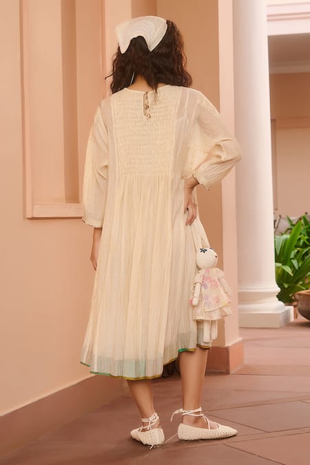Shop Swatti Kapoor Ivory Chanderi, Cotton Sequins Round Neck Pintuck Panel Midi Dress at Aza Fashions Shop_Swatti Kapoor_Ivory Chanderi, Cotton Sequins Round Neck Pintuck Panel Midi Dress _at_Aza_Fashions