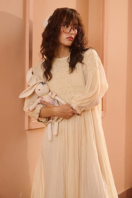 Shop Swatti Kapoor Ivory Chanderi, Cotton Sequins Round Neck Pintuck Panel Midi Dress Online at Aza Fashions Shop_Swatti Kapoor_Ivory Chanderi, Cotton Sequins Round Neck Pintuck Panel Midi Dress _Online_at_Aza_Fashions