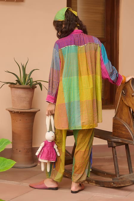 Shop_Swatti Kapoor_Multi Color Silk, Cotton Tassels Shawl Neck Multicolor Checkered Long Shirt _at_Aza_Fashions