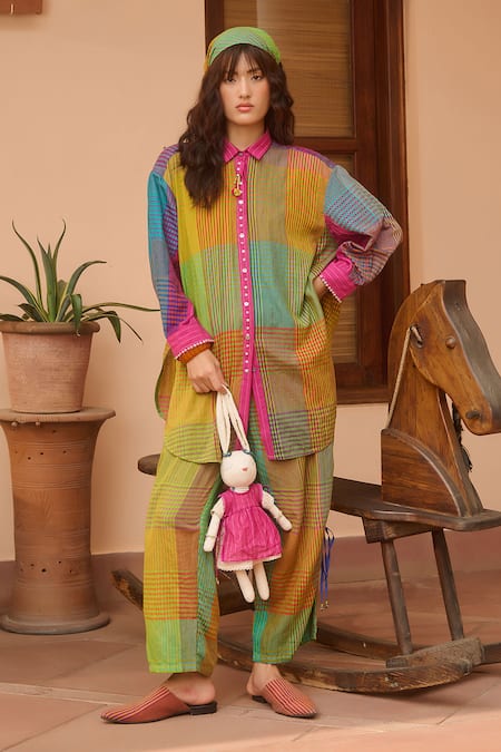 Swatti Kapoor_Multi Color Silk, Cotton Tassels Shawl Neck Multicolor Checkered Long Shirt _Online_at_Aza_Fashions