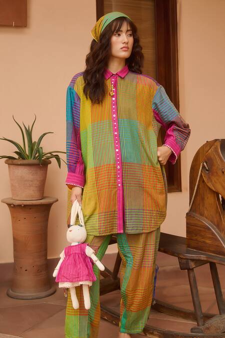 Buy_Swatti Kapoor_Multi Color Silk, Cotton Sequins Shawl Multicolor Checkered Tunic And Pant Set _Online_at_Aza_Fashions