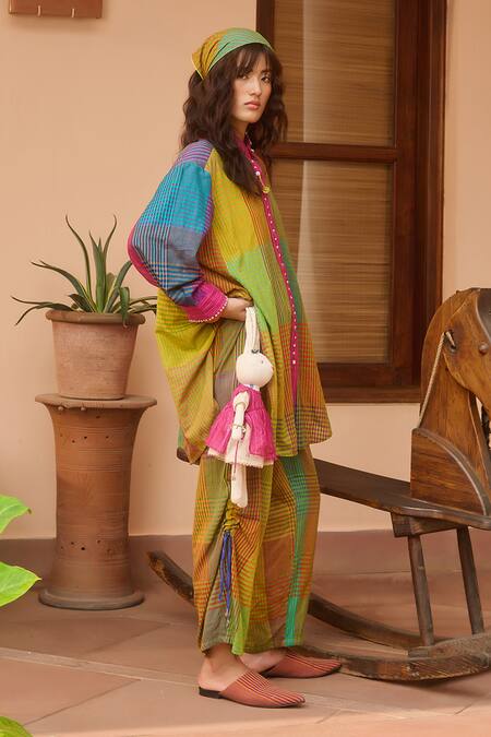 Swatti Kapoor_Multi Color Silk, Cotton Sequins Shawl Multicolor Checkered Tunic And Pant Set _at_Aza_Fashions