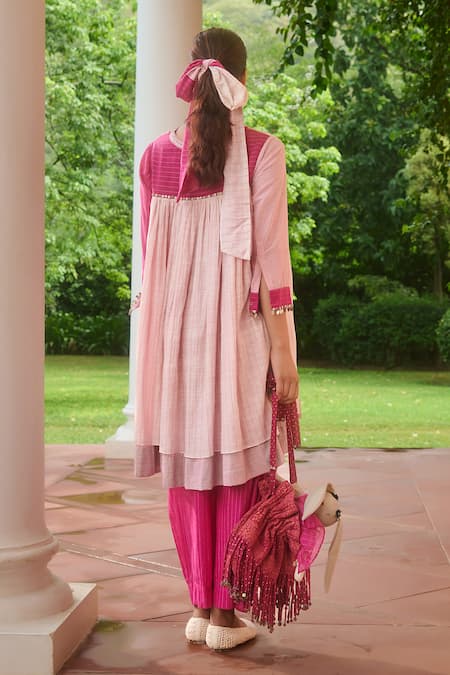 Shop Swatti Kapoor Ivory Silk, Cotton Sequins Mandarin Collar Pink High-low Shirt Dress at Aza Fashions Shop_Swatti Kapoor_Ivory Silk, Cotton Sequins Mandarin Collar Pink High-low Shirt Dress _at_Aza_Fashions