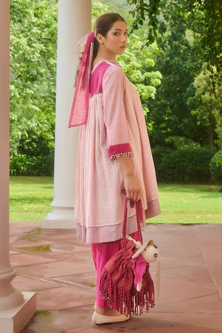 Swatti Kapoor Ivory Silk, Cotton Sequins Mandarin Collar Pink High-low Shirt Dress Online at Aza Fashions Swatti Kapoor_Ivory Silk, Cotton Sequins Mandarin Collar Pink High-low Shirt Dress _Online_at_Aza_Fashions