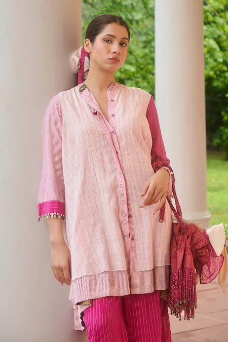 Buy Swatti Kapoor Ivory Silk, Cotton Sequins Mandarin Collar Pink High-low Shirt Dress Online at Aza Fashions Buy_Swatti Kapoor_Ivory Silk, Cotton Sequins Mandarin Collar Pink High-low Shirt Dress _Online_at_Aza_Fashions