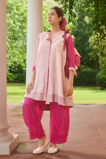 Shop Swatti Kapoor Ivory Silk, Cotton Sequins Mandarin Collar Pink High-low Shirt Dress Online at Aza Fashions Shop_Swatti Kapoor_Ivory Silk, Cotton Sequins Mandarin Collar Pink High-low Shirt Dress _Online_at_Aza_Fashions