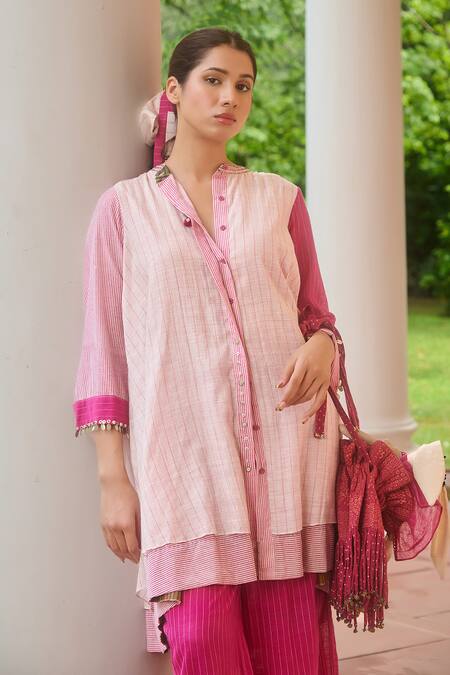 Shop Swatti Kapoor Ivory Silk, Cotton Sequins Mandarin Collar Woven High-low Kurta Set Online at Aza Fashions Shop_Swatti Kapoor_Ivory Silk, Cotton Sequins Mandarin Collar Woven High-low Kurta Set _Online_at_Aza_Fashions