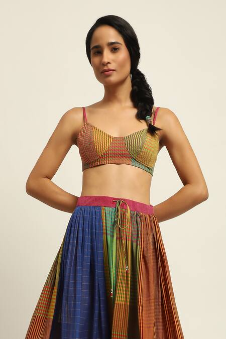 Swatti Kapoor_Multi Color Cotton, Silk Embroidery Sweetheart Neck Checkered Quilted Bustier _Online_at_Aza_Fashions