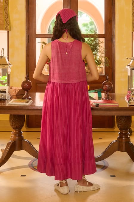 Shop Swatti Kapoor Pink Cotton, Silk Round Neck Woven Stripe Midi Dress at Aza Fashions Shop_Swatti Kapoor_Pink Cotton, Silk Round Neck Woven Stripe Midi Dress _at_Aza_Fashions