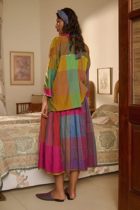 Shop Swatti Kapoor Multi Color Cotton, Silk Block Woven Midi Skirt at Aza Fashions Shop_Swatti Kapoor_Multi Color Cotton, Silk Block Woven Midi Skirt _at_Aza_Fashions