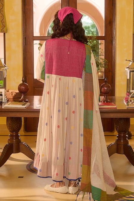 Shop_Swatti Kapoor_Multi Color Handloom Cotton, Silk Collared Checkered And Polka Kurta Set _at_Aza_Fashions