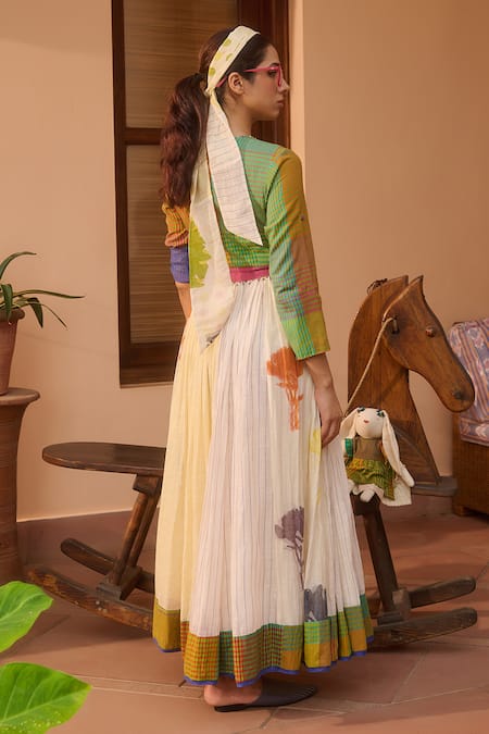 Swatti Kapoor Multi Color Handloom Cotton, Chanderi Embroidery Bloom Motif Angarkha Anarkali Online at Aza Fashions Swatti Kapoor_Multi Color Handloom Cotton, Chanderi Embroidery Bloom Motif Angarkha Anarkali _Online_at_Aza_Fashions