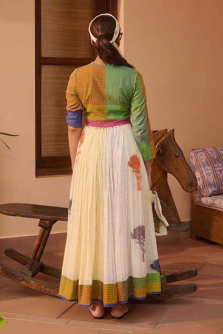 Shop Swatti Kapoor Multi Color Handloom Cotton, Chanderi Embroidery Bloom Motif Angarkha Anarkali at Aza Fashions Shop_Swatti Kapoor_Multi Color Handloom Cotton, Chanderi Embroidery Bloom Motif Angarkha Anarkali _at_Aza_Fashions
