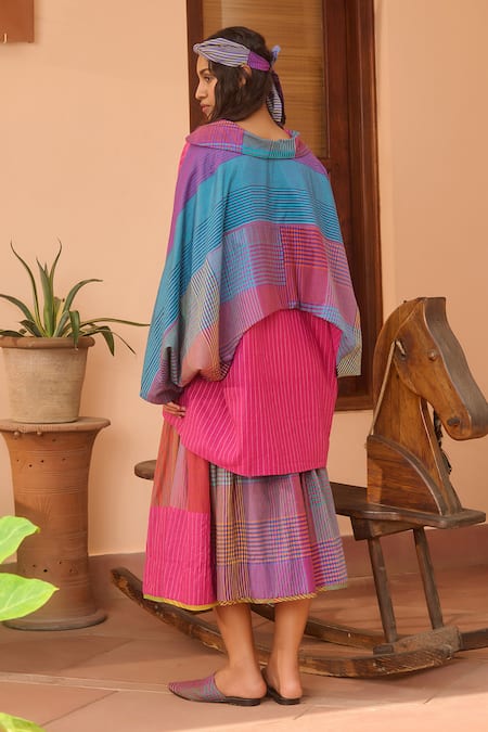 Shop Swatti Kapoor Multi Color Handloom Cotton Collared Striped And Checkered Jacket at Aza Fashions Shop_Swatti Kapoor_Multi Color Handloom Cotton Collared Striped And Checkered Jacket _at_Aza_Fashions