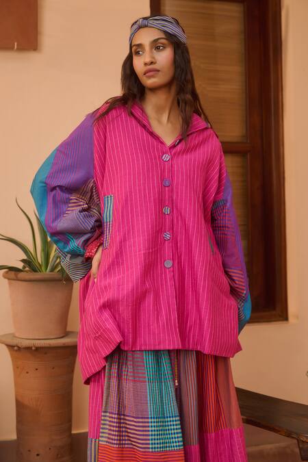 Swatti Kapoor Multi Color Handloom Cotton Collared Striped And Checkered Jacket Online at Aza Fashions Swatti Kapoor_Multi Color Handloom Cotton Collared Striped And Checkered Jacket _Online_at_Aza_Fashions