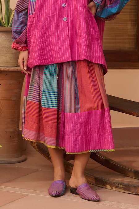 Shop Swatti Kapoor Pink Handloom , Silk, Striped Checkered Print Jacket And Skirt Set at Aza Fashions Shop_Swatti Kapoor_Pink Handloom , Silk, Striped Checkered Print Jacket And Skirt Set _at_Aza_Fashions
