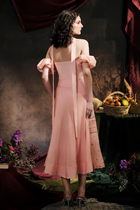 Shop_Therealb_Peach Crepe Sequins, Beads Embroidered A-line Skirt _at_Aza_Fashions