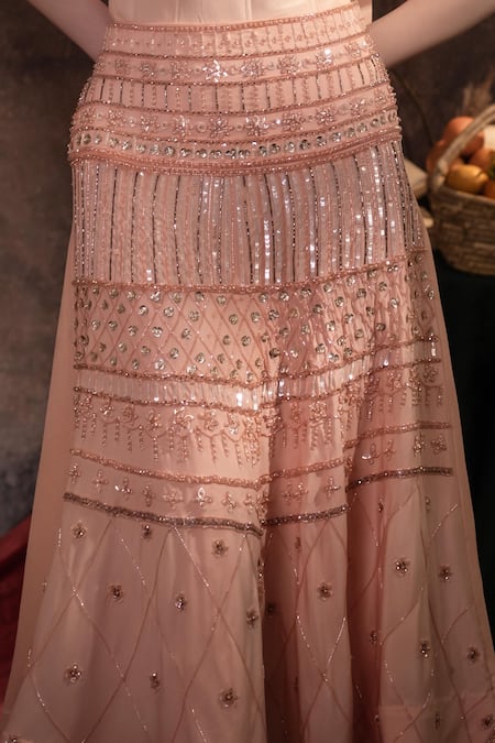 Shop_Therealb_Peach Crepe Sequins, Beads Embroidered A-line Skirt _Online_at_Aza_Fashions
