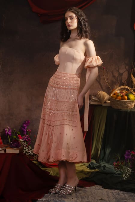 Therealb_Peach Crepe Sequins, Beads Embroidered A-line Skirt _at_Aza_Fashions