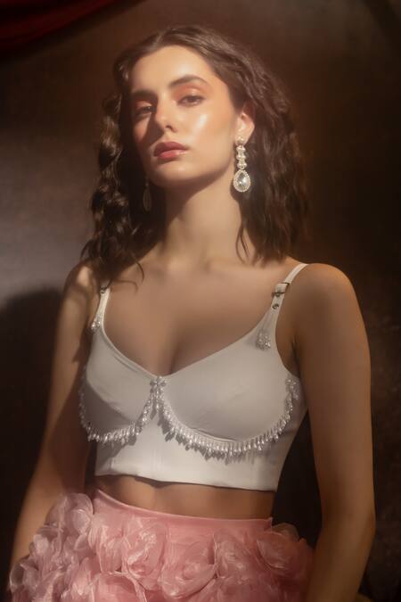 Therealb White Crepe Pearls Sweetheart Neck Embellished Sleeveless Bralette Online at Aza Fashions Therealb_White Crepe Pearls Sweetheart Neck Embellished Sleeveless Bralette _Online_at_Aza_Fashions