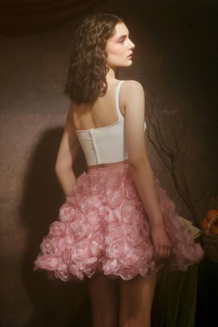 Shop Therealb Pink Organza Fabric Flowers Baby Applique Mini Skirt at Aza Fashions Shop_Therealb_Pink Organza Fabric Flowers Baby Applique Mini Skirt _at_Aza_Fashions