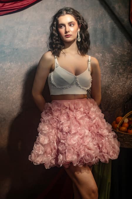 Therealb Pink Organza Fabric Flowers Baby Applique Mini Skirt Online at Aza Fashions Therealb_Pink Organza Fabric Flowers Baby Applique Mini Skirt _Online_at_Aza_Fashions