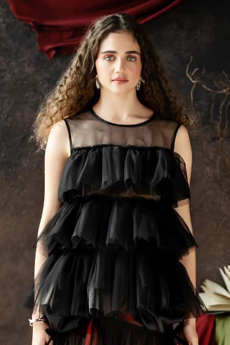 Therealb Black Organza, Net Round Neck Tiered Ruffled Designer Top Online at Aza Fashions Therealb_Black Organza, Net Round Neck Tiered Ruffled Designer Top _Online_at_Aza_Fashions