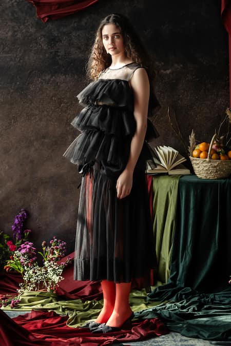 Buy Therealb Black Organza, Net Round Neck Tiered Ruffled Designer Top Online at Aza Fashions Buy_Therealb_Black Organza, Net Round Neck Tiered Ruffled Designer Top _Online_at_Aza_Fashions