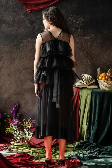 Shop Therealb Black Organza, Net Round Neck Tiered Ruffled Designer Top at Aza Fashions Shop_Therealb_Black Organza, Net Round Neck Tiered Ruffled Designer Top _at_Aza_Fashions