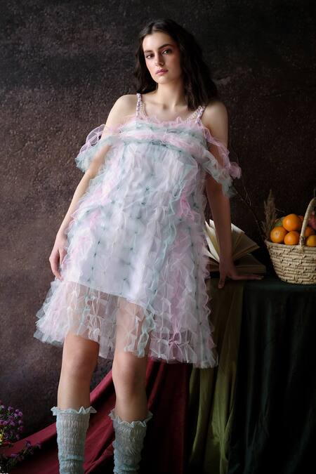 Therealb_Multi Color Net Beads Open Neck Multicolor Ruffled Textured Sheer Dress _Online_at_Aza_Fashions