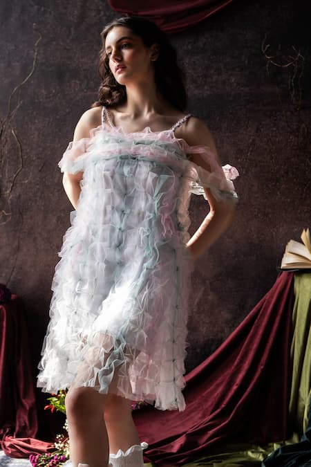 Buy_Therealb_Multi Color Net Beads Open Neck Multicolor Ruffled Textured Sheer Dress _Online_at_Aza_Fashions