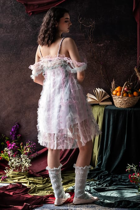 Shop_Therealb_Multi Color Net Beads Open Neck Multicolor Ruffled Textured Sheer Dress _at_Aza_Fashions