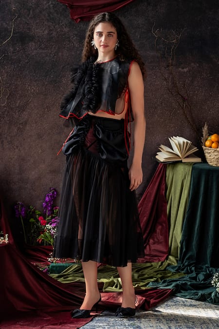 Shop Therealb Black Organza Ruffles Round Neck Crop Top With Red Piping at Aza Fashions Shop_Therealb_Black Organza Ruffles Round Neck Crop Top With Red Piping _at_Aza_Fashions