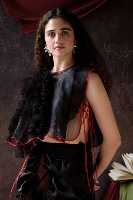 Therealb Black Organza Ruffles Round Neck Crop Top With Red Piping Online at Aza Fashions Therealb_Black Organza Ruffles Round Neck Crop Top With Red Piping _Online_at_Aza_Fashions