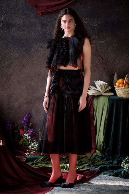 Therealb Black Mesh Solid Ruffled Skirt 