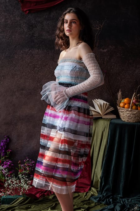 Therealb_Multi Color Net Ruffles Off-shoulder Mesh Dress And Slip _Online_at_Aza_Fashions