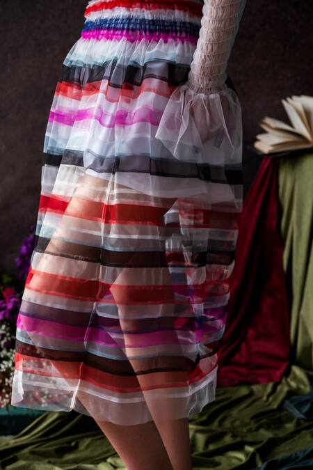 Buy_Therealb_Multi Color Net Ruffles Off-shoulder Mesh Dress And Slip _Online_at_Aza_Fashions