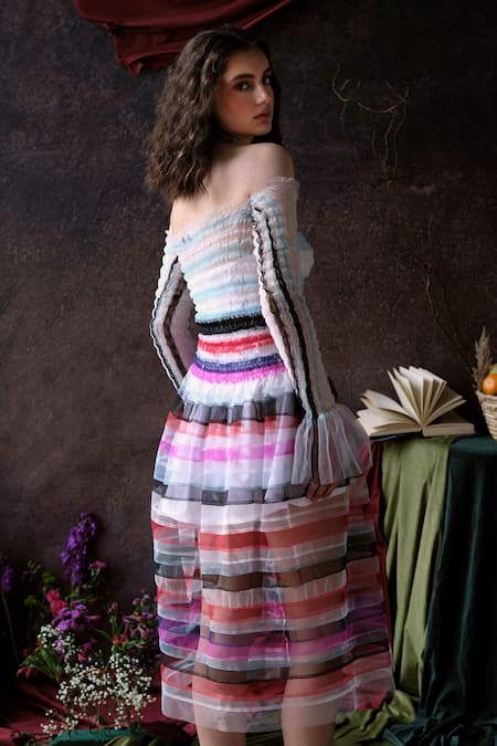 Shop_Therealb_Multi Color Net Ruffles Off-shoulder Mesh Dress And Slip _at_Aza_Fashions