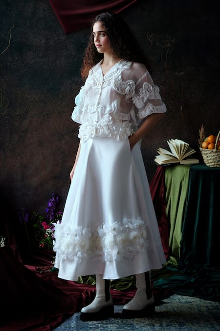 Buy_Therealb_White Satin Fabric Flowers Floral Applique A-line Skirt _Online_at_Aza_Fashions