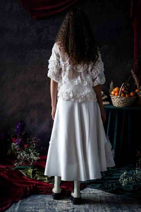 Shop_Therealb_White Satin Fabric Flowers Floral Applique A-line Skirt _at_Aza_Fashions