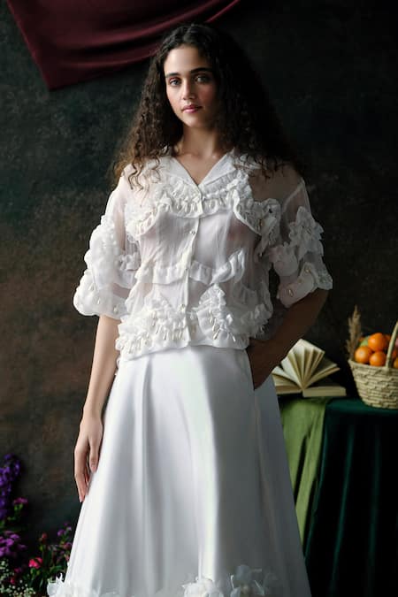 Therealb White Organza Pearls Collared Tassel Embellished Ruffled Blouse Online at Aza Fashions Therealb_White Organza Pearls Collared Tassel Embellished Ruffled Blouse _Online_at_Aza_Fashions