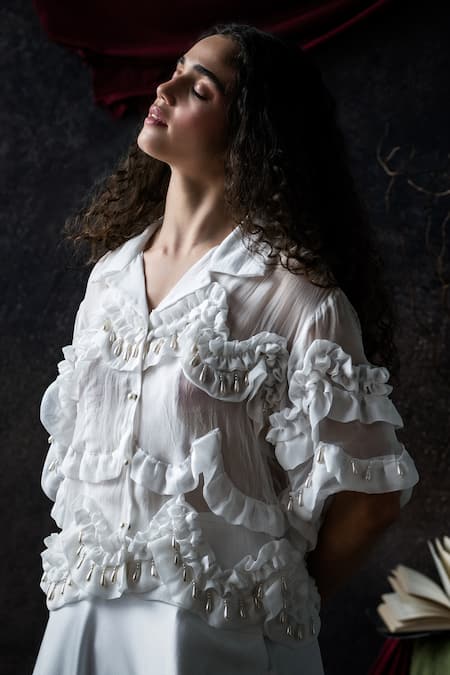 Buy Therealb White Organza Pearls Collared Tassel Embellished Ruffled Blouse Online at Aza Fashions Buy_Therealb_White Organza Pearls Collared Tassel Embellished Ruffled Blouse _Online_at_Aza_Fashions