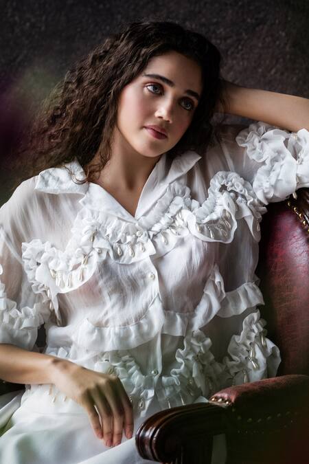 Shop Therealb White Organza Pearls Collared Tassel Embellished Ruffled Blouse Online at Aza Fashions Shop_Therealb_White Organza Pearls Collared Tassel Embellished Ruffled Blouse _Online_at_Aza_Fashions