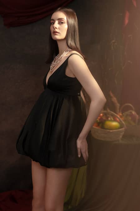Shop Therealb Black Satin V-neck Plunging V Balloon Dress Online at Aza Fashions Shop_Therealb_Black Satin V-neck Plunging V Balloon Dress _Online_at_Aza_Fashions