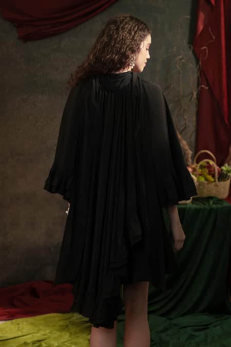 Shop_Therealb_Black Crepe Sweetheart Neck Solid Frilly Hem Cape And Dress _at_Aza_Fashions