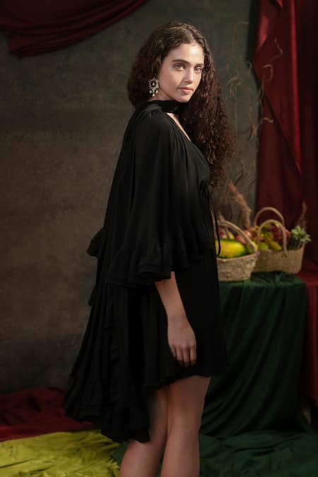 Therealb_Black Crepe Sweetheart Neck Solid Frilly Hem Cape And Dress _Online_at_Aza_Fashions
