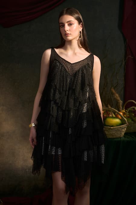 Therealb Black Viscose Ruffles Open Neck Dotted Mesh Overlay Dress Online at Aza Fashions Therealb_Black Viscose Ruffles Open Neck Dotted Mesh Overlay Dress _Online_at_Aza_Fashions