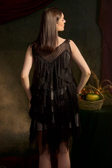 Shop Therealb Black Viscose Ruffles Open Neck Dotted Mesh Overlay Dress at Aza Fashions Shop_Therealb_Black Viscose Ruffles Open Neck Dotted Mesh Overlay Dress _at_Aza_Fashions