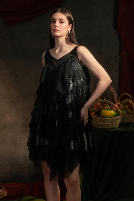 Buy Therealb Black Viscose Ruffles Open Neck Dotted Mesh Overlay Dress Online at Aza Fashions Buy_Therealb_Black Viscose Ruffles Open Neck Dotted Mesh Overlay Dress _Online_at_Aza_Fashions